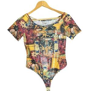 Etincelle Couture‎ Paris Thangka Print Short Sleeve Shinny Bodysuit Sz S